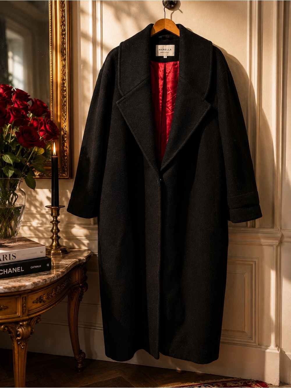 MARELLA Black Wool Coat with Red Lining